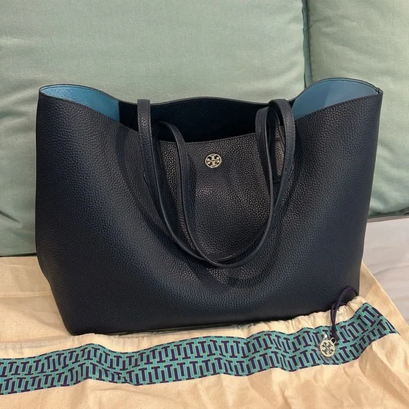 Tory Burch Perry Tote in Navy Blue with Gold Hardware - Picture 2 of 11